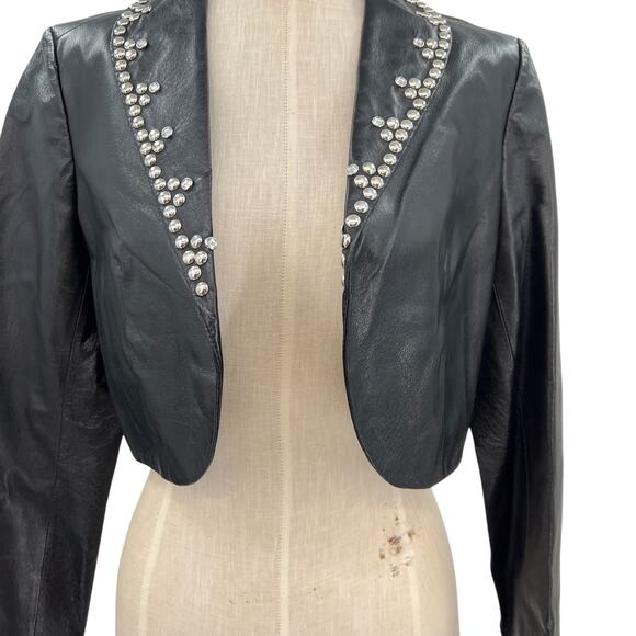Cache Vintage Leather Jacket Cropped Studded Rhinestones Black Size Medium - Picture 4 of 11